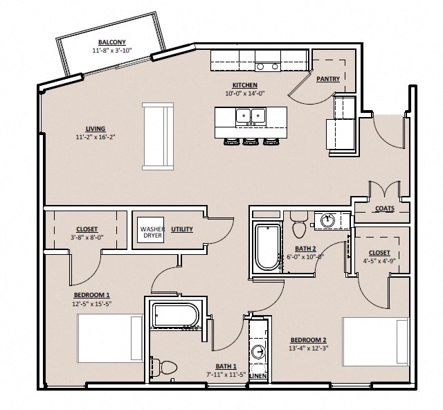 Floor plan for 2 beds, 2 baths, 1143 sqft